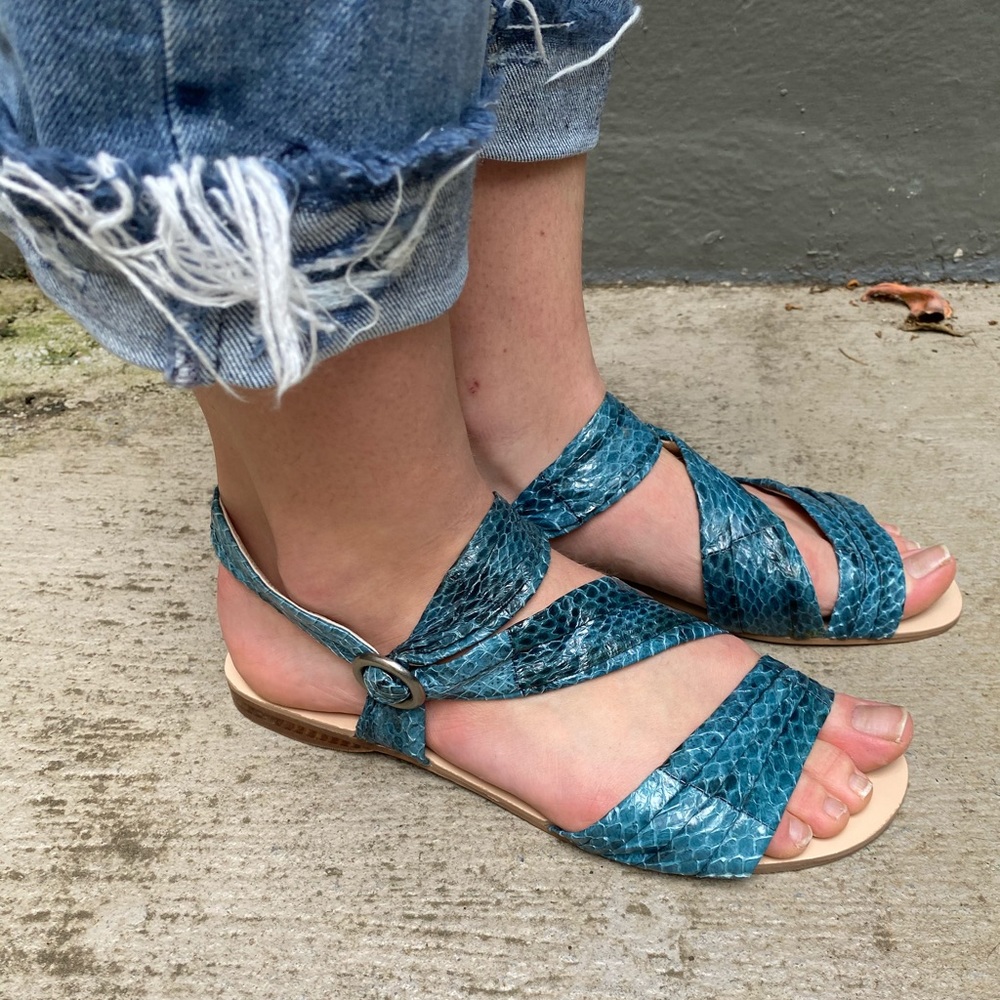 Blue Teal Strappy Snakeskin Sandals